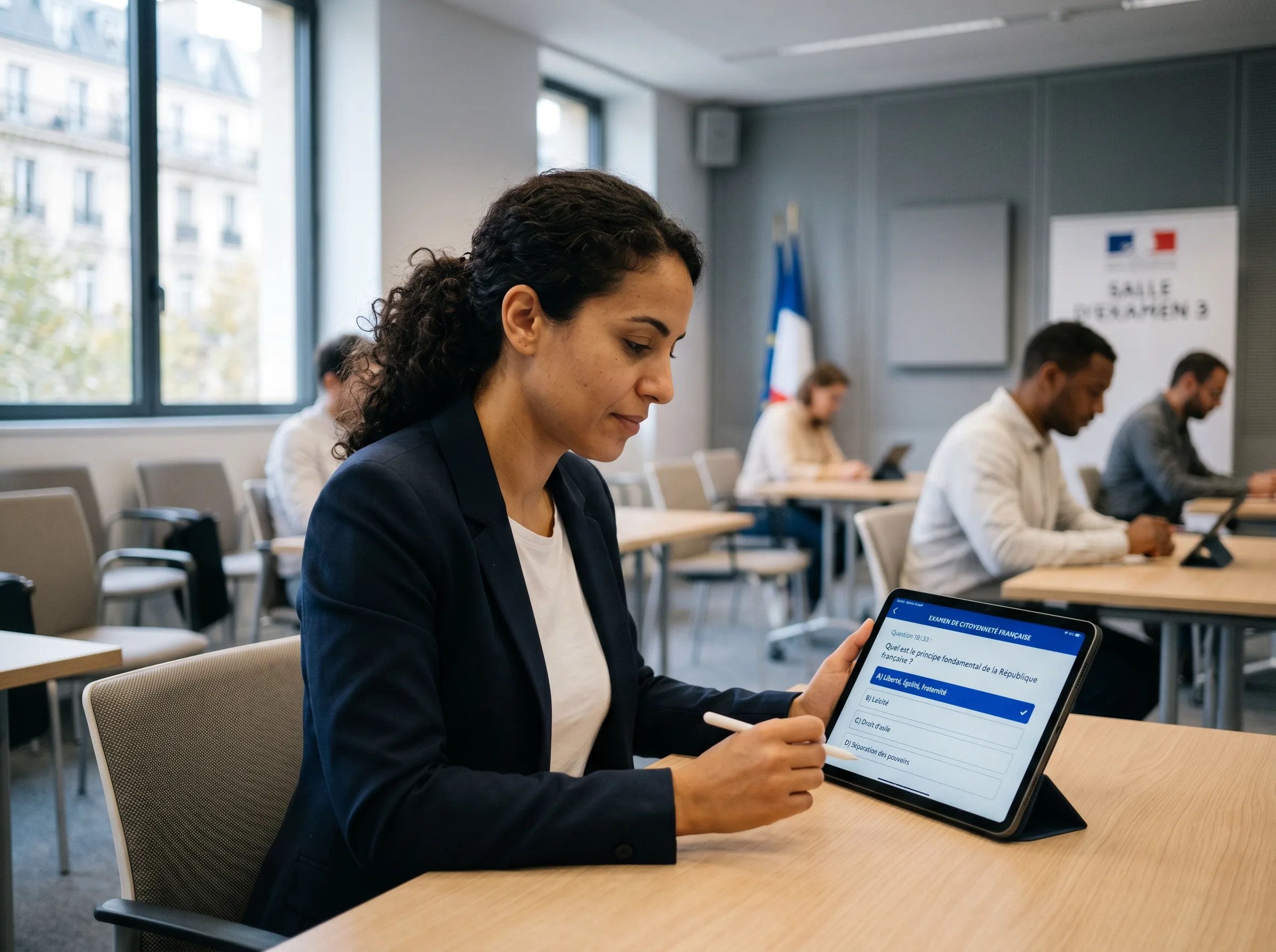 Candidat passant l'examen civique 2026 sur tablette dans un centre agréé